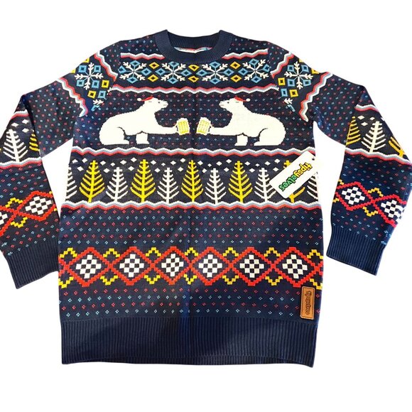 Tipsy Elves men Christmas Bear Drinking Sweater - Festive Blue Holiday Knitwear - Picture 5 of 7